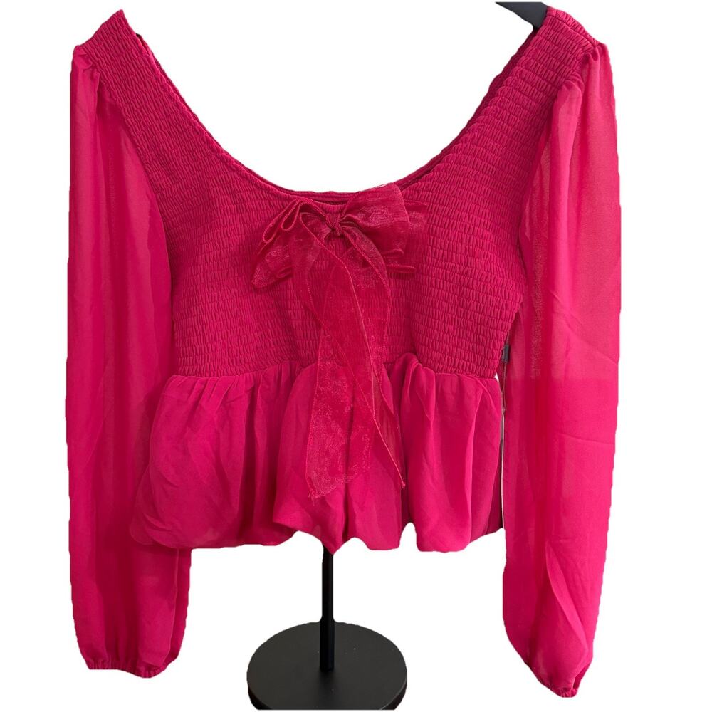 LIFE Hot Pink Smocked Blouse with Sheer Sleeves and Ribbon Bow Accent Size M